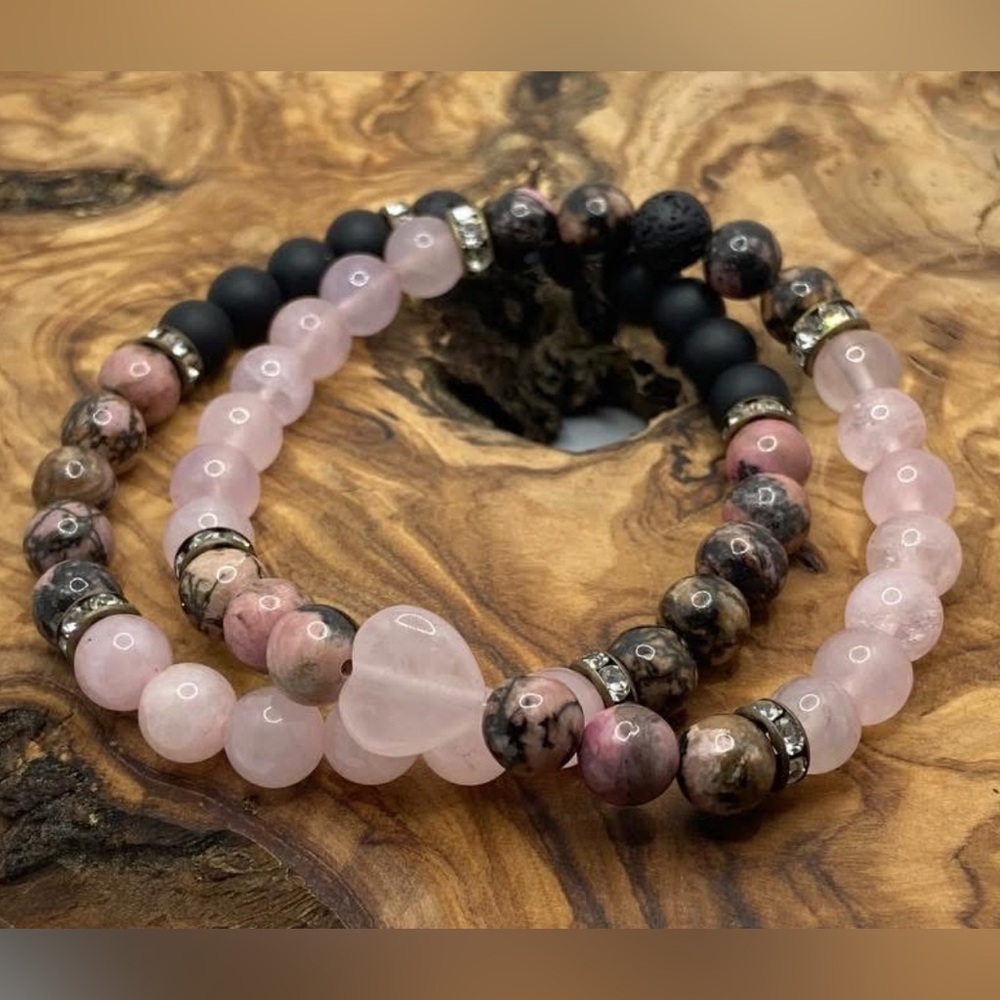 Chic Pink and Black Rhodonite, Rose quartz, onyx & lava Beaded Bracelet set